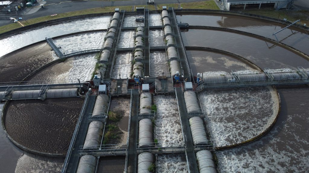 Aerial shot by a drone of the wastewater treatment plant
